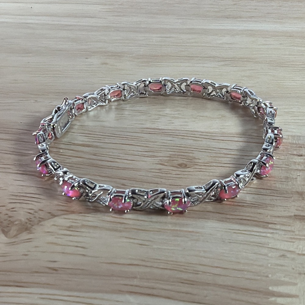 925 Sterling Silver Bracelet with Pink Oval Opals and XO Details 6.75"